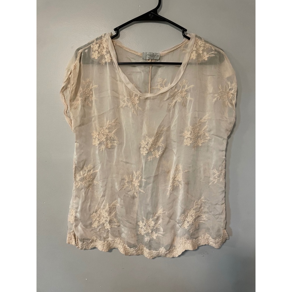 Angela Moda Italy Cream Silk Embroidered Sheer Blouse Scalloped Lace Top Medium